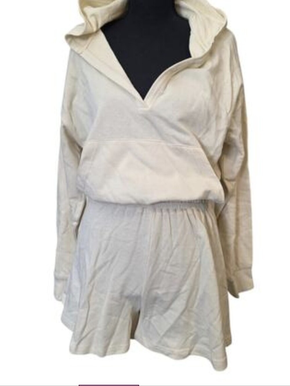 Boutique Cream hooded shorts romper with pocket / Made with Love